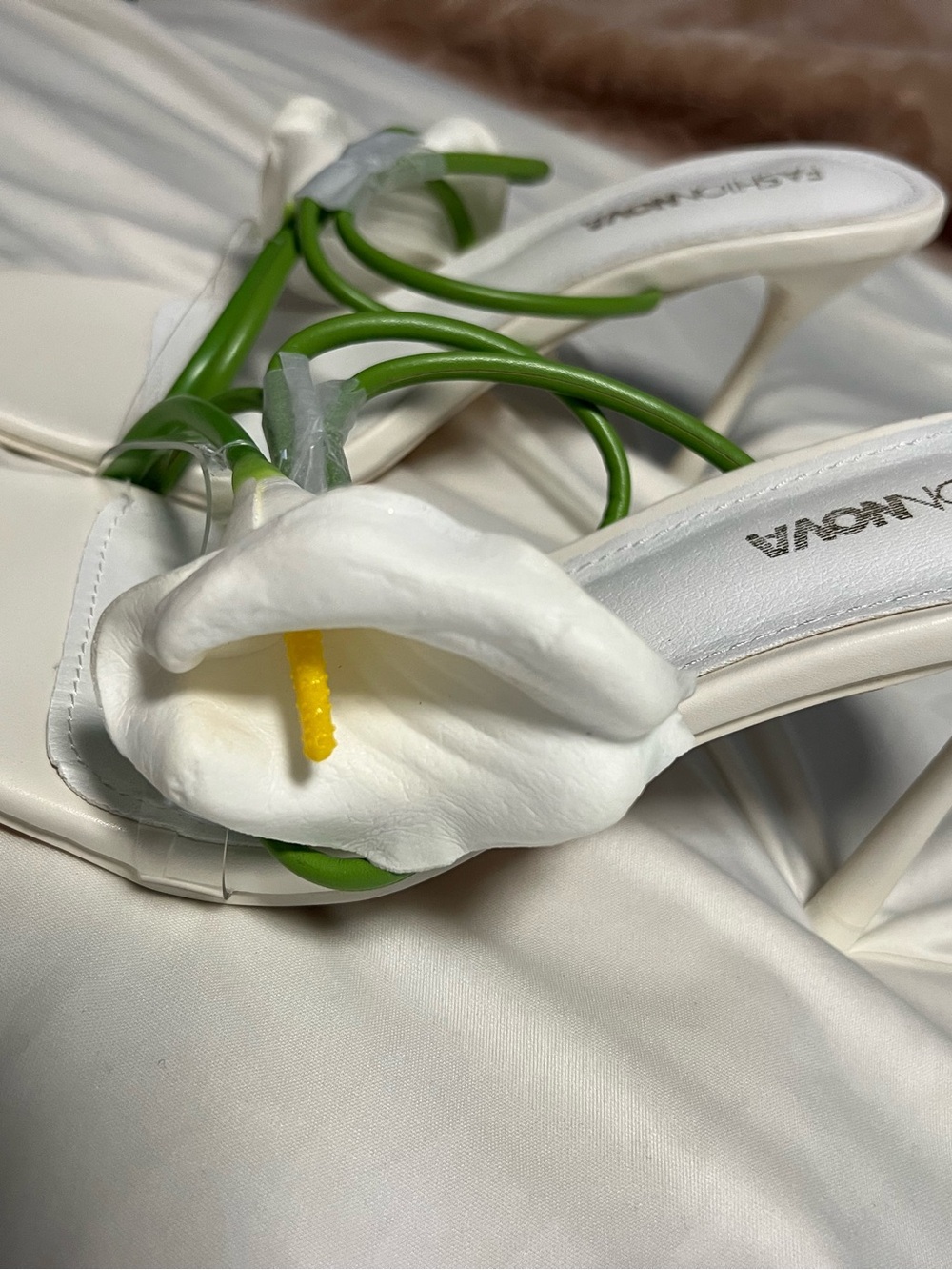 Fashion Nova White Calla Lily Heeled Sandals with Green Straps